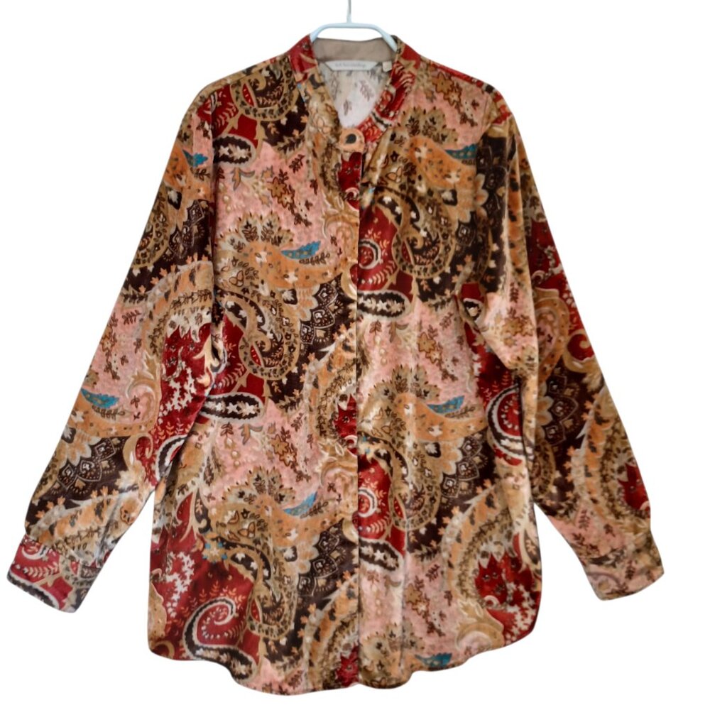 Soft Surroundings Shirt Blouse Montaigne Paisley Velvet Button Front Tunic Large